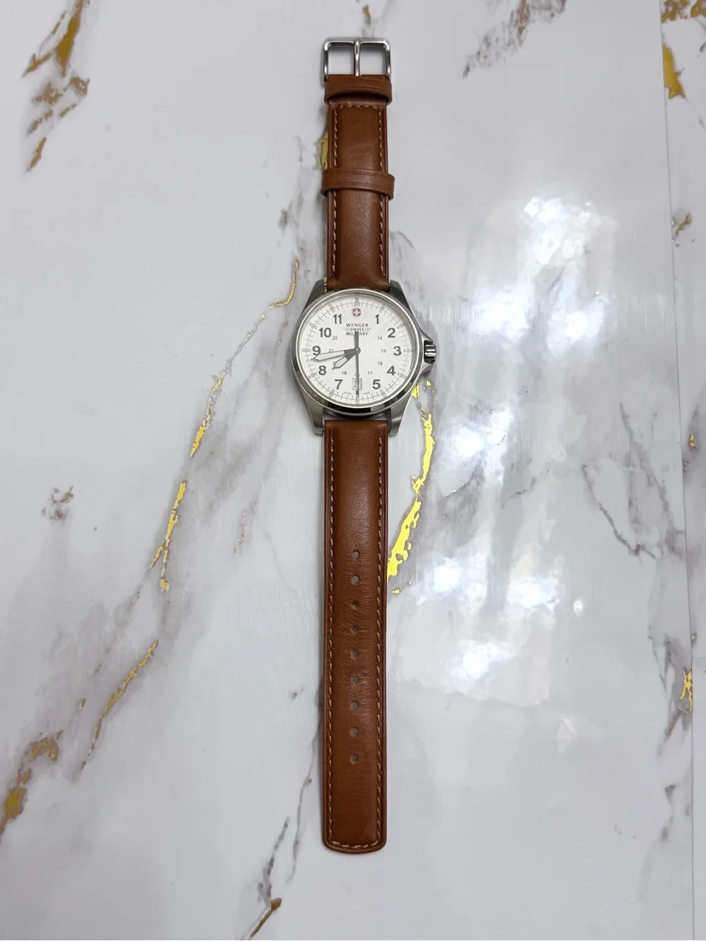 Vintage Wenger Swiss Military Mens Watch 44mm Stainless Steel Brwn Leather Band